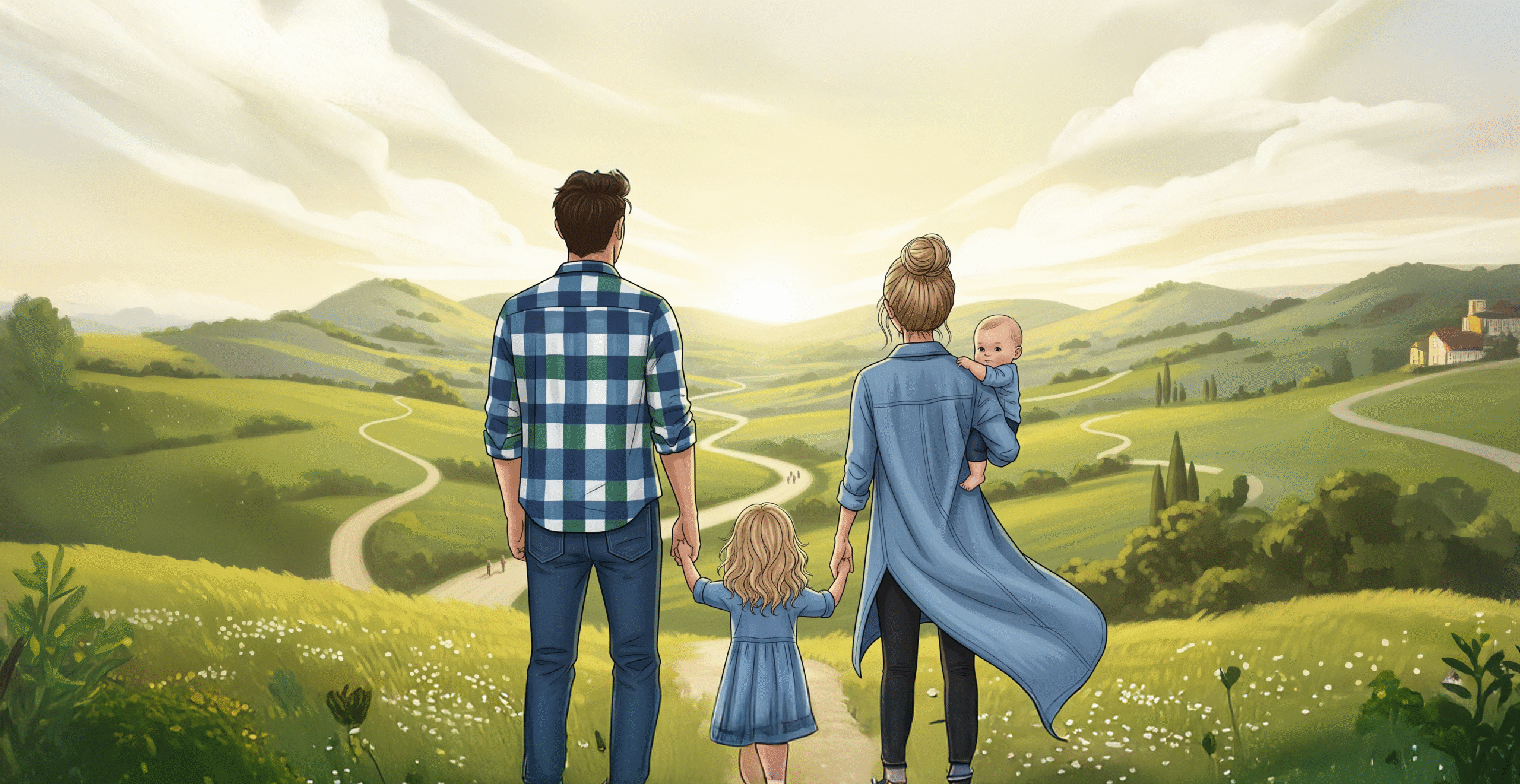 Illustration of a family standing hand in hand, looking over rolling green hills with winding paths