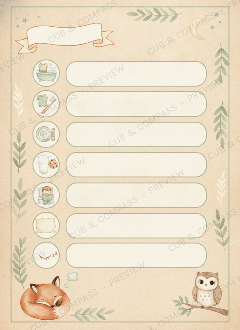 Personalised bedtime routine chart with woodland watercolour animals and a child's name