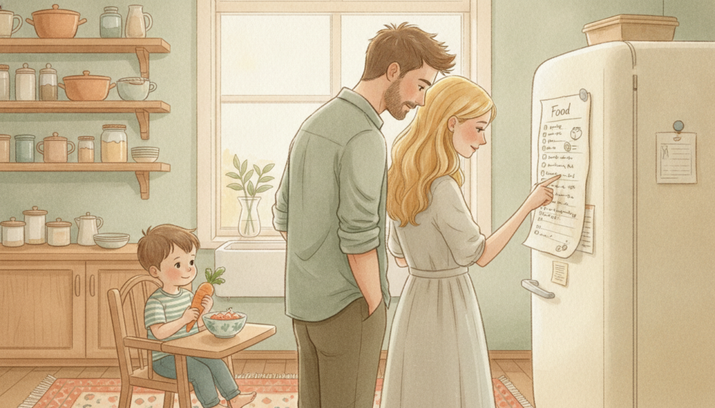 Watercolour of a family reading a food chart on the fridge while a toddler eats in a highchair