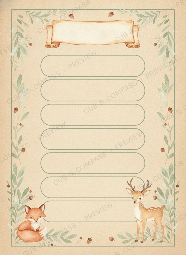 Printable weekly planner for kids in woodland watercolours with days of the week
